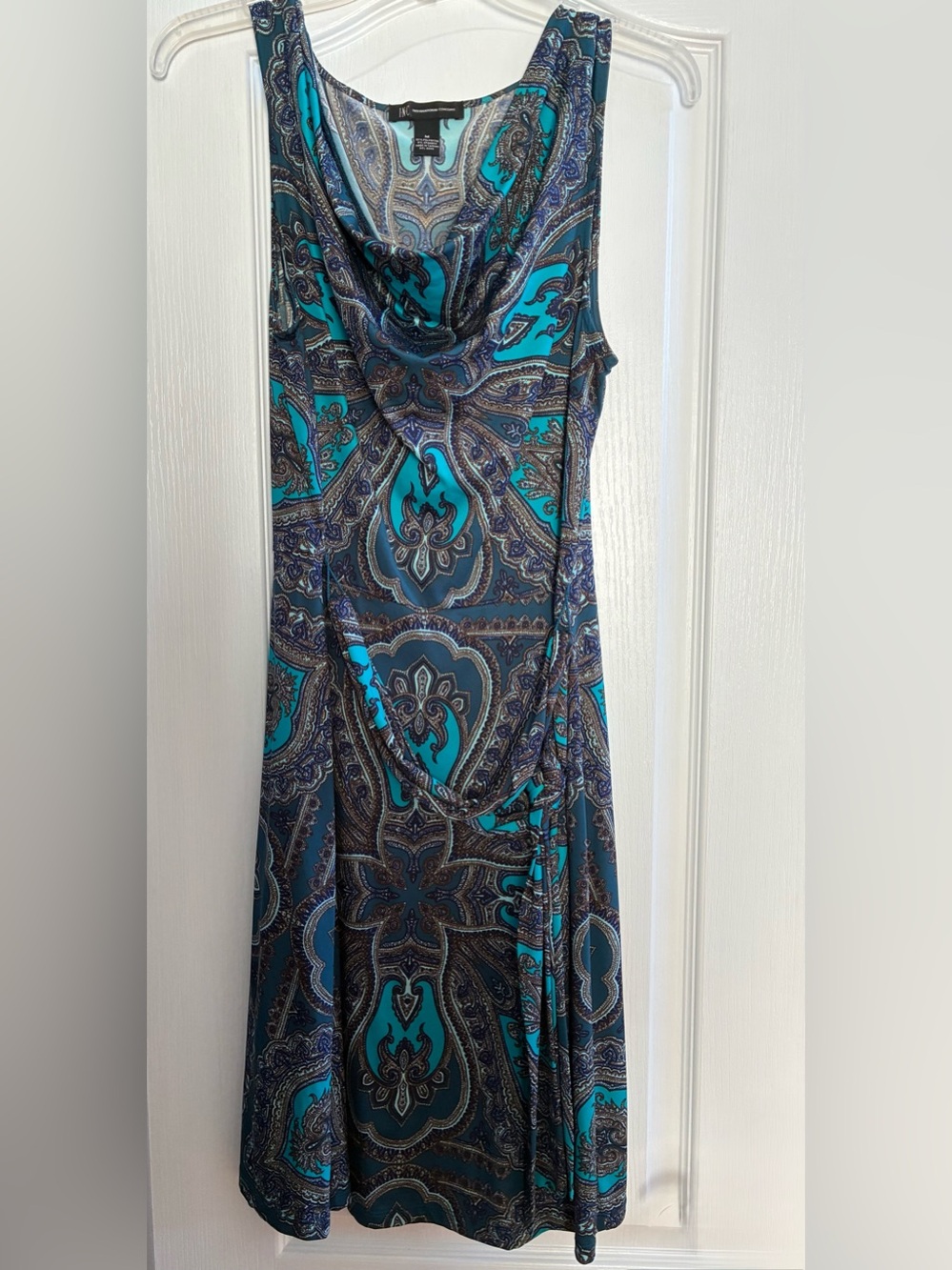 INC International Concepts Teal & Navy Paisley Drape Neck Dress & Belt-Excellent